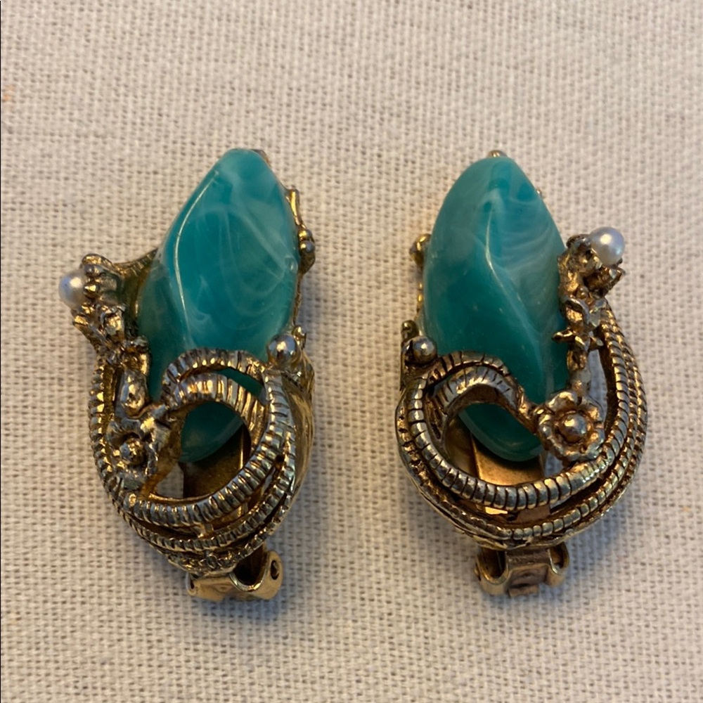 Ornate Green Stone Vintage Earrings